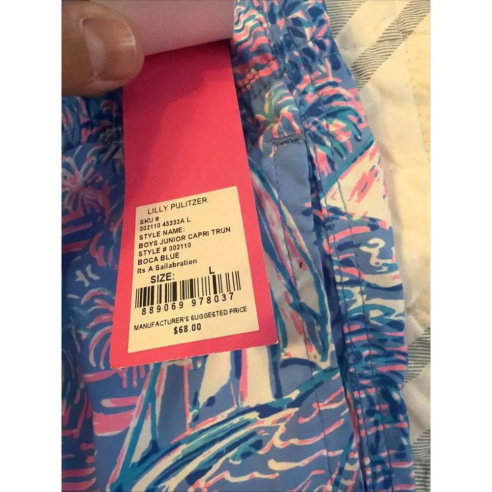 Lilly Pulitzer Boca Blue Pink Sailabration Swimsuit Swim Trunks Boys L 8/10 NWT